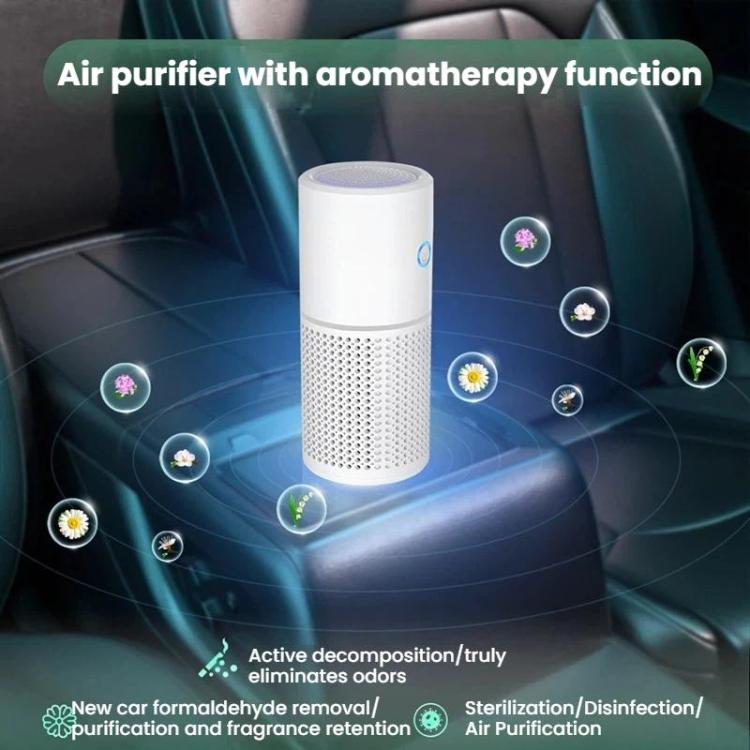 Portable car air purifier with aromatherapy function and glowing control icons