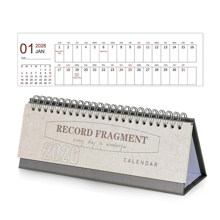 Beige 2026 mini desk calendar with spiral rings and flip stand, monthly grid Jan–Dec