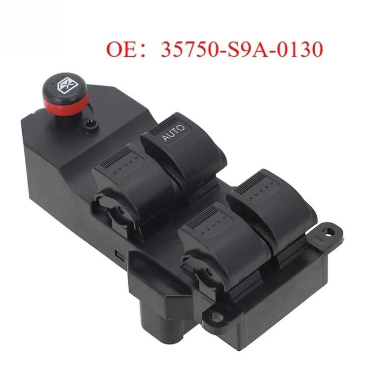 Black window lift master switch with red cap and AUTO button labels, OE 35750-S9A-0130