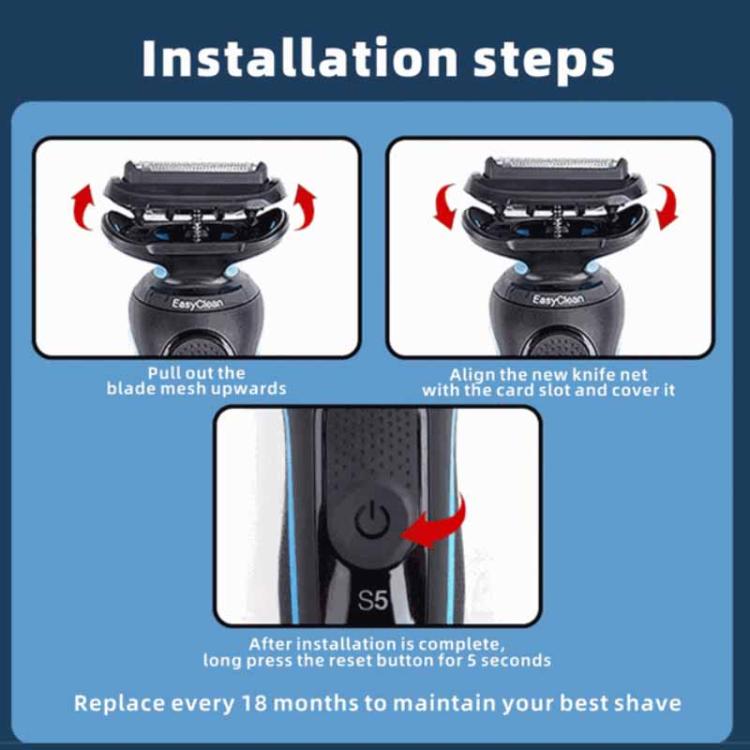 Shaver blade installation steps showing card with shaver head and cover fitment