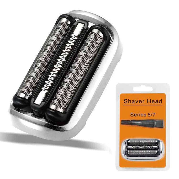 Replacement shaver head with dual foil blades, shown with retail package