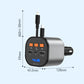 Compact car charger adapter with silver cylinder body and black top panel with ports