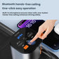 Car charger adapter with black top panel and orange buttons, finger pressing controls