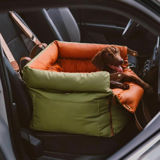 Green pet car seat bed with orange top bolster, padded sides, pet dog inside