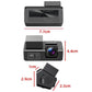 Screenless dash camera size diagram with front unit and rear module