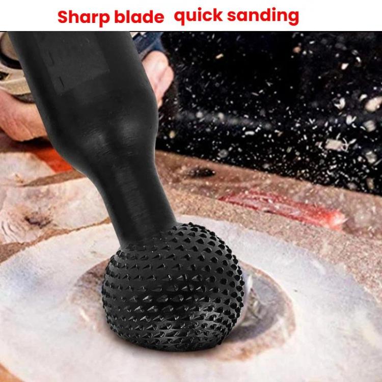 Black spherical spiked grinding head contacting wood surface for sanding
