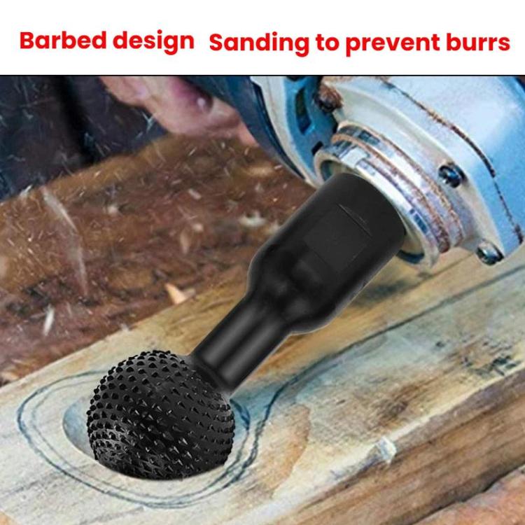 Angle grinder with black spherical spiked grinding head working on wood
