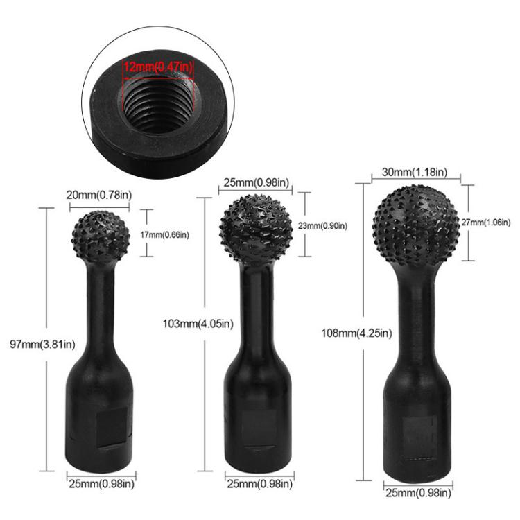 Assorted black spherical spiked grinding heads in three sizes