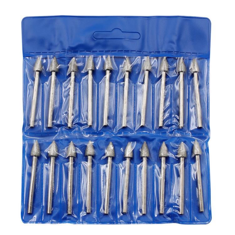 20-piece pointed diamond grinding heads in blue zip pouch, silver shafts with cone tips
