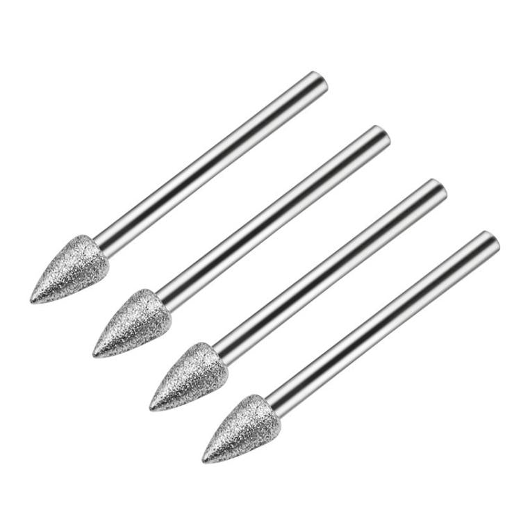 Pointed diamond grinding heads set, four silver rods with gray textured cone ends