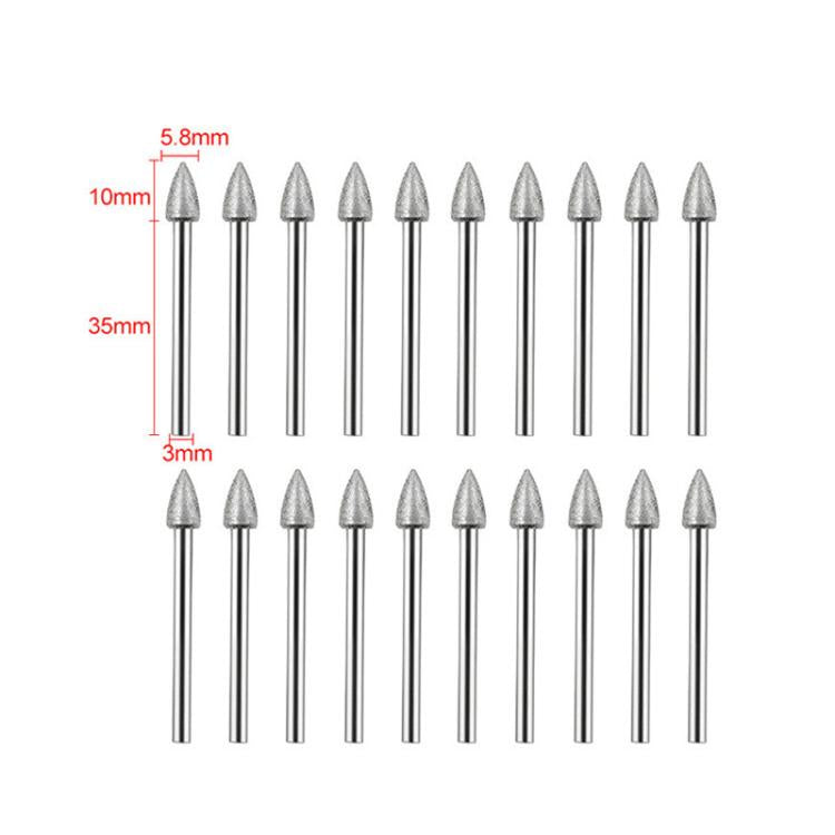 Pointed diamond grinding heads with labeled sizes on a diagram