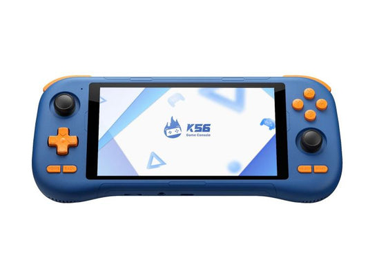 K56 handheld game console in blue with a touchscreen and orange controls