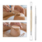 Wooden pottery tools for carving and shaping, featuring metal loop and needle tip
