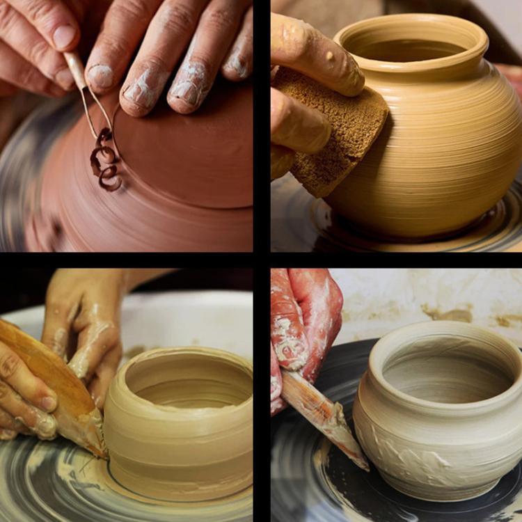 Pottery clay tools set shown during ceramic shaping and carving work