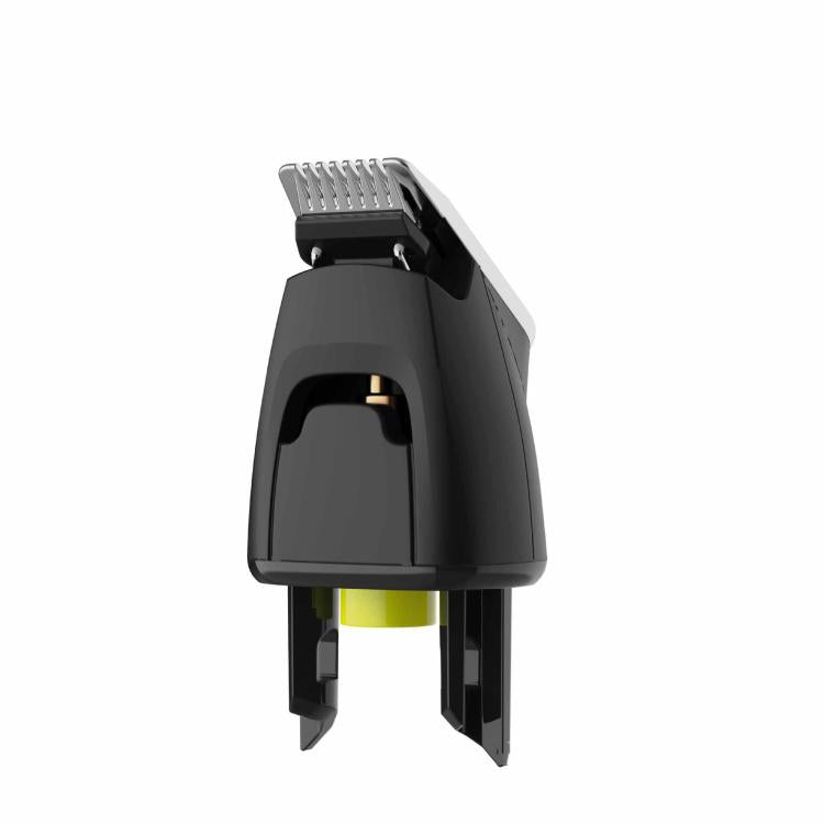 Trimmer blade head attachment angled view, black housing with comb teeth