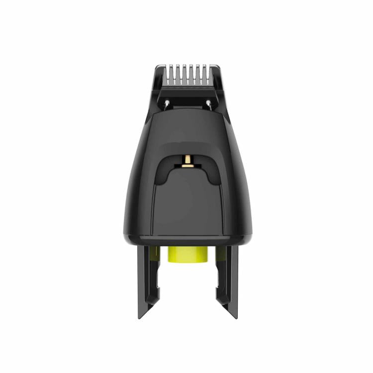 Trimmer blade head attachment, front view with comb teeth and yellow blade insert