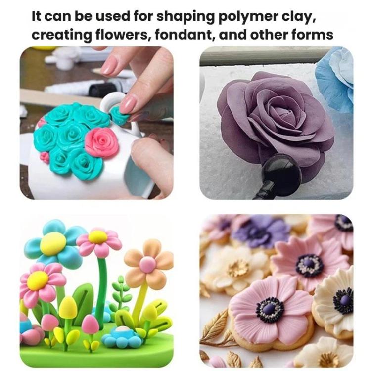 Pottery sculpting pen with ball tip used to form flower shapes in clay