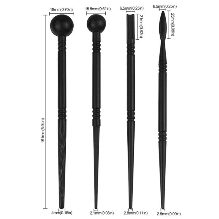 Black sculpting tool set with ball and pointed ends, shown with size markers