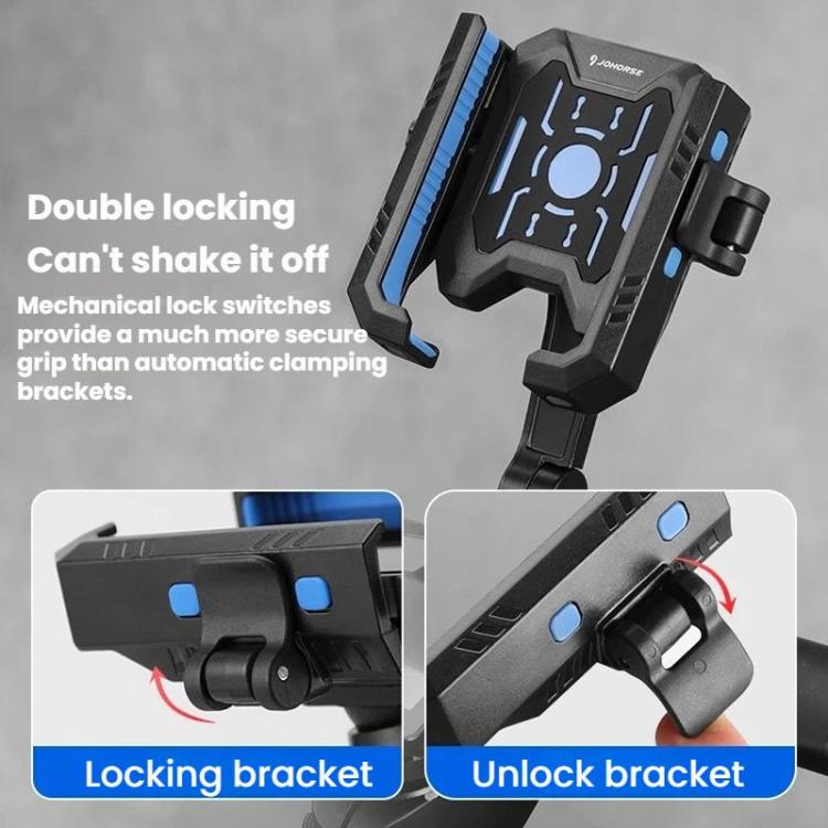 Telescopic bicycle phone holder with double-locking clamp and locking/unlock bracket