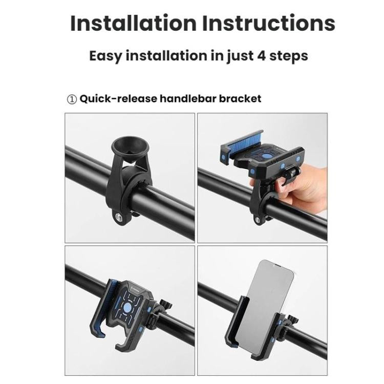 Telescopic bike phone holder installation on handlebar with quick-release bracket