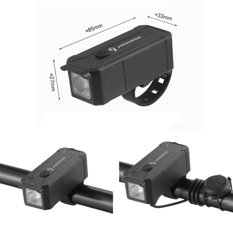 Black bicycle headlight with square LED lens and handlebar clamp; size diagram