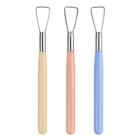 Three clay sculpting tools with metal loop tips and beige, peach, and blue handles