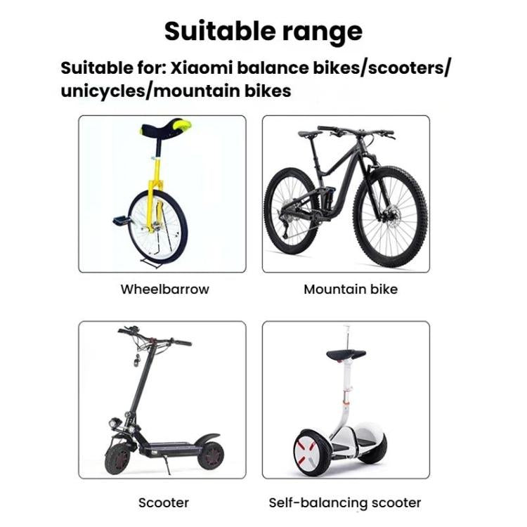Valve extender compatibility illustrations for bikes, scooters, wheelbarrows, and self-balancing scooters