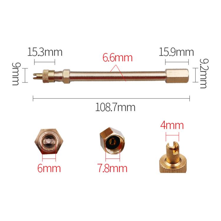 Copper valve extender with size measurements, 108.7mm length and threaded nozzle ends