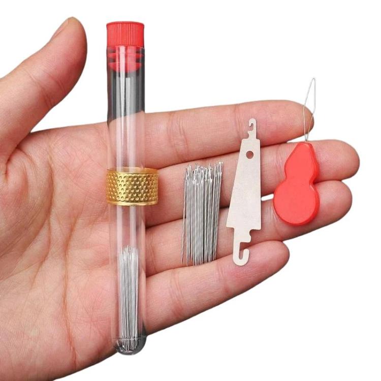 Large-hole sewing needle set, silver needles in clear tube with red cap and red threader