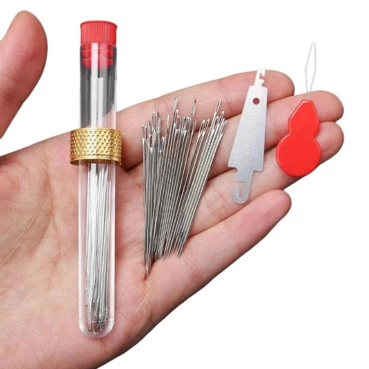 Large-hole sewing needle set, clear tube with silver needles plus red threader and metal guide cards