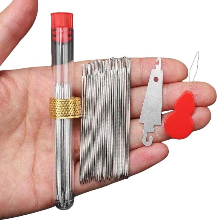 Large-hole sewing needle set, clear tube of silver needles with red loop-shaped threader and guide