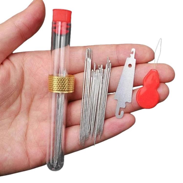 Large-hole sewing needle set, silver needles in clear tube with red threader and metal guide card