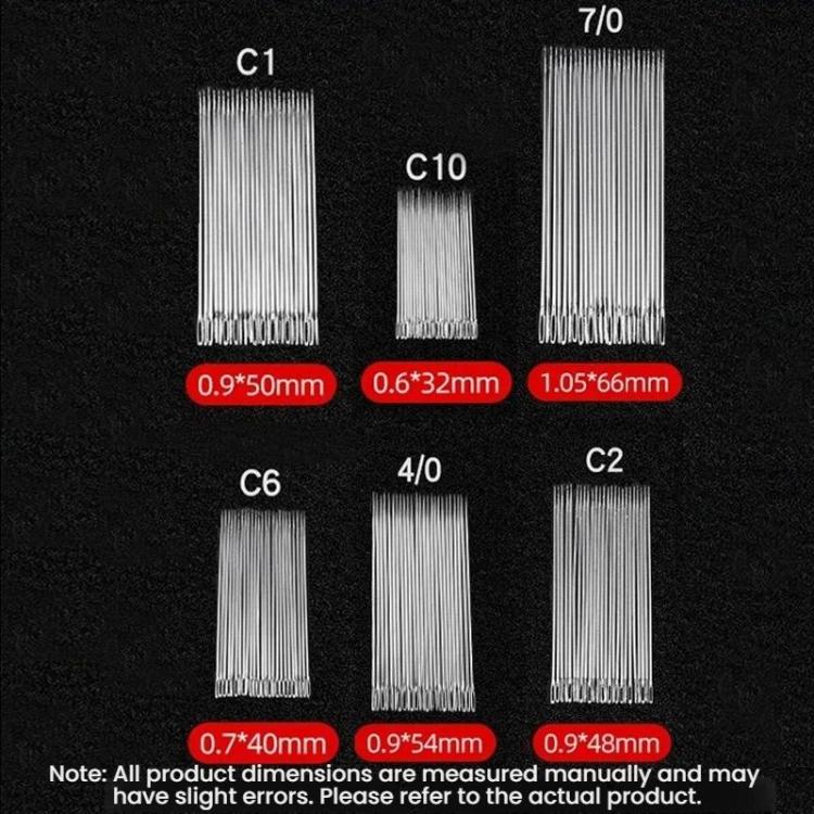 Large-hole sewing needle set size chart showing multiple needle widths and lengths