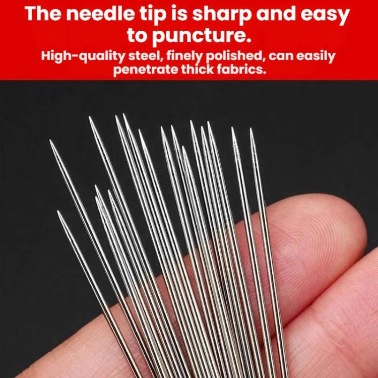 Large-hole sewing needle set close-up of polished steel tips held in hand