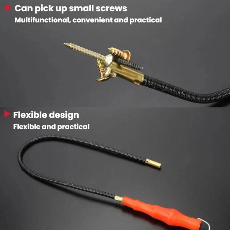 Magnetic screw retriever picking up a small screw with black hose and red handle