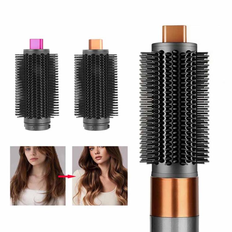 Round brush attachment shown in multiple colors: rose pink and copper/gold tops