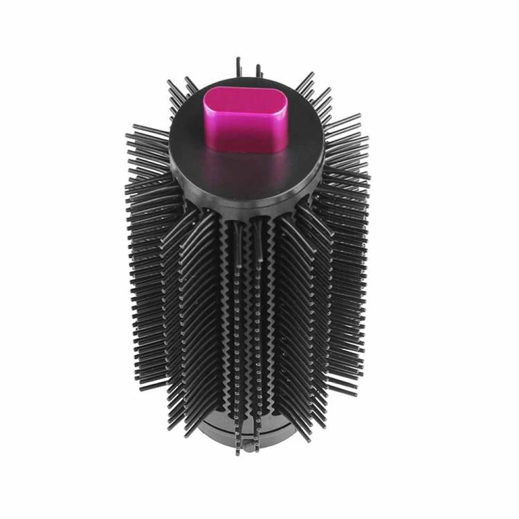 Round brush attachment with dense black bristles and rose pink center cap