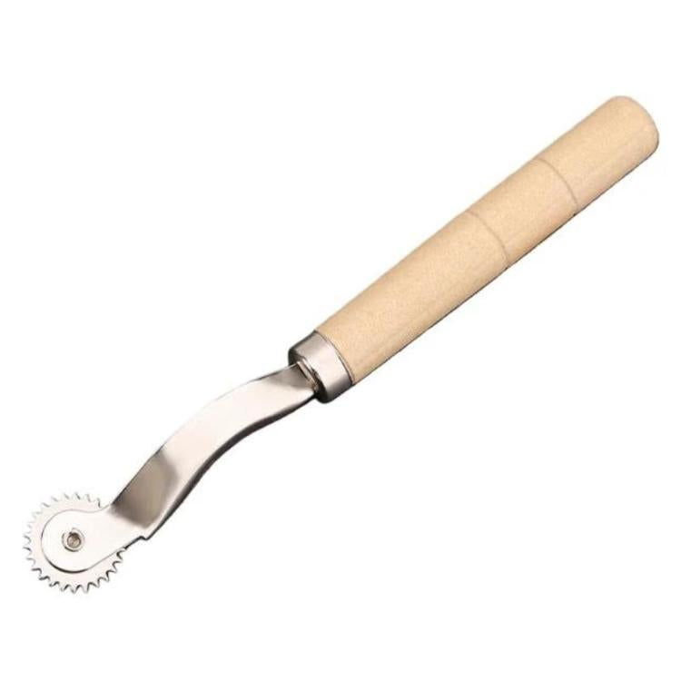 Leather marking wheel tool with small serrated roller and light wood handle