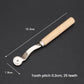 Leather marking wheel tool with serrated roller, light wood handle, size indicators