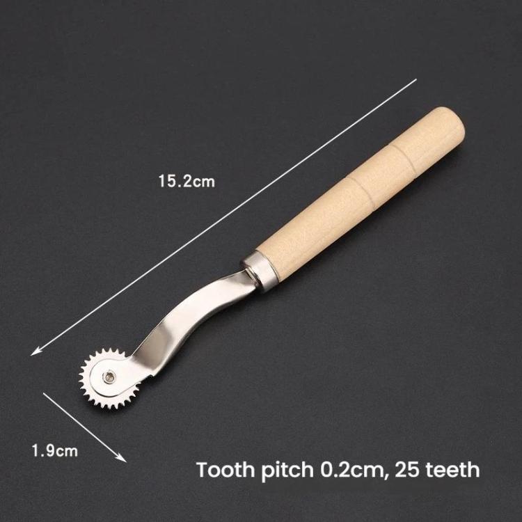 Leather marking wheel tool with serrated roller, light wood handle, size indicators