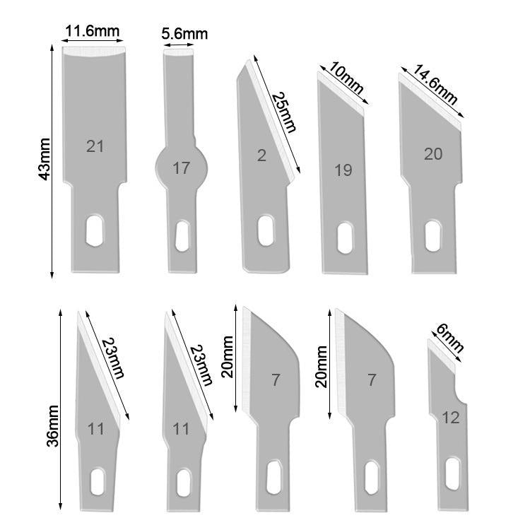 Engraving knife blade shapes diagram with labeled sizes for the set