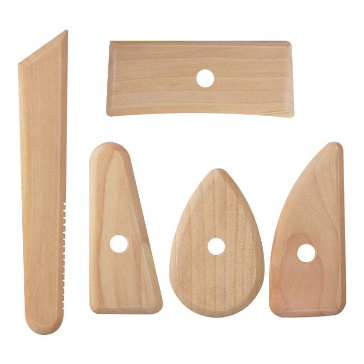 5-piece wooden pottery carving tools set with finger-hole blades