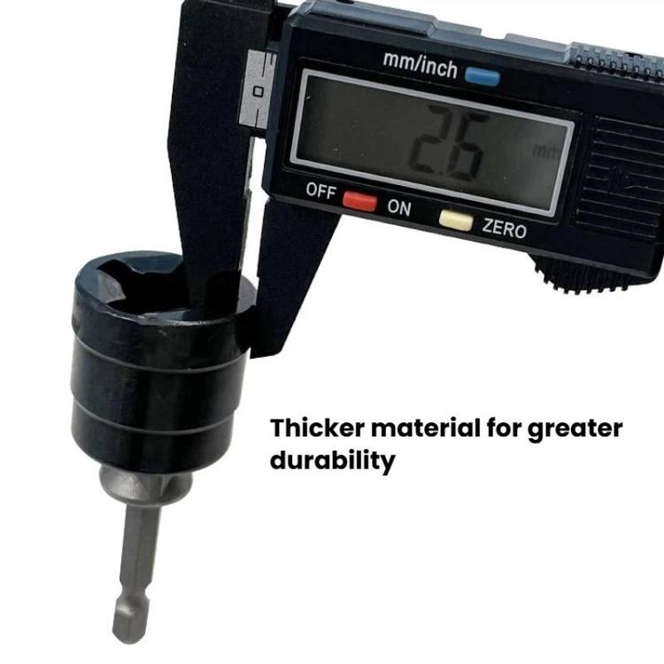 Black socket adapter with hex bit end, shown with measured thickness