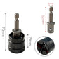 Black jack socket adapter with hex bit, shown with height and width dimensions