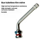 Curved tubeless tire valve with metal stem and blue/red base seal