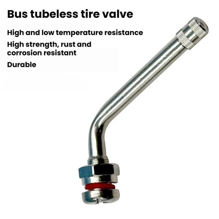Curved tubeless tire valve with metal stem and blue/red base seal