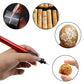 Electric engraving pen in hand, with illustrated tool use on metal and wood