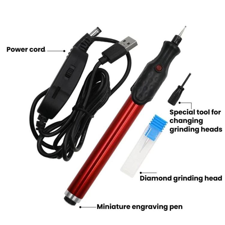 Miniature engraving pen kit with USB cord and interchangeable grinding heads
