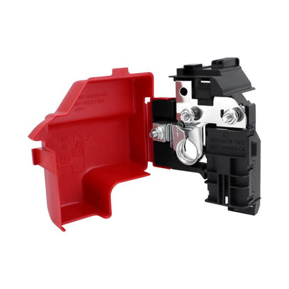 Red and black battery terminal circuit breaker with two metal studs and mounting screws