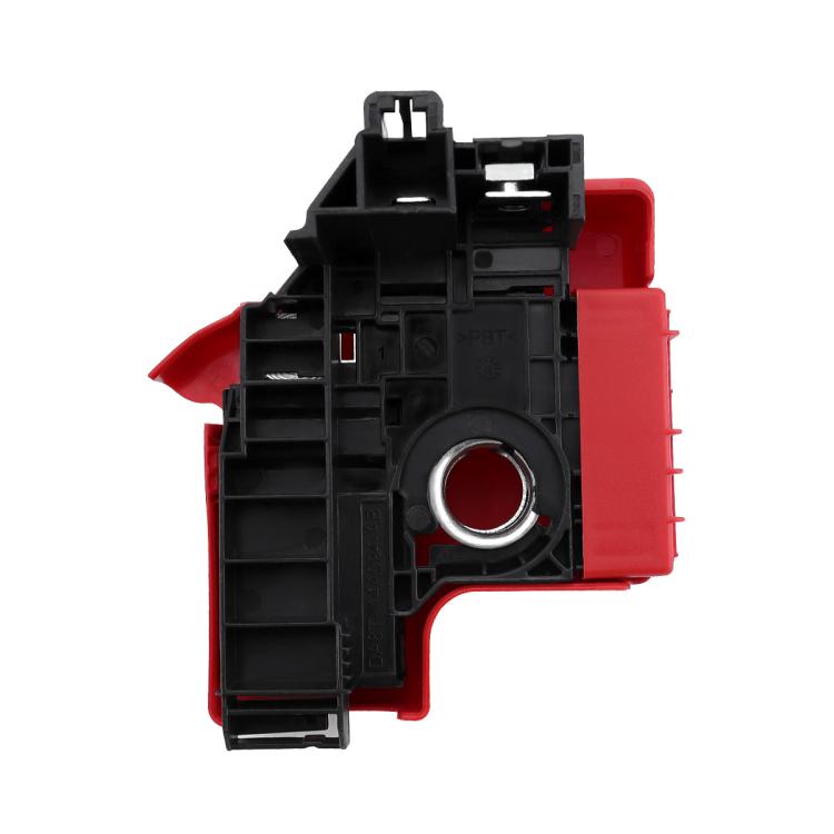 Black battery terminal circuit breaker base with circular port and red protective cover